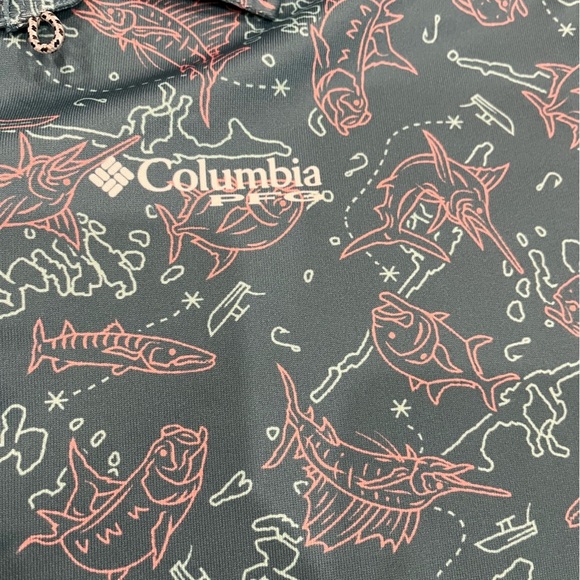 [XXL/2TG]Columbia Men's Green Fish Patterned PFG Fishing Polo Shirt - Picture 3 of 6